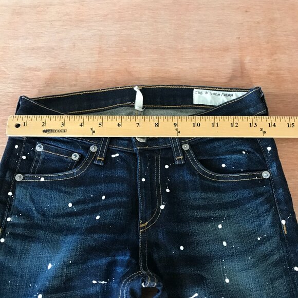 Rag & Bone Skinny Jeans Women 26 Blue Paint Splatter Low Rise Dark Wash Stretch - Picture 9 of 13